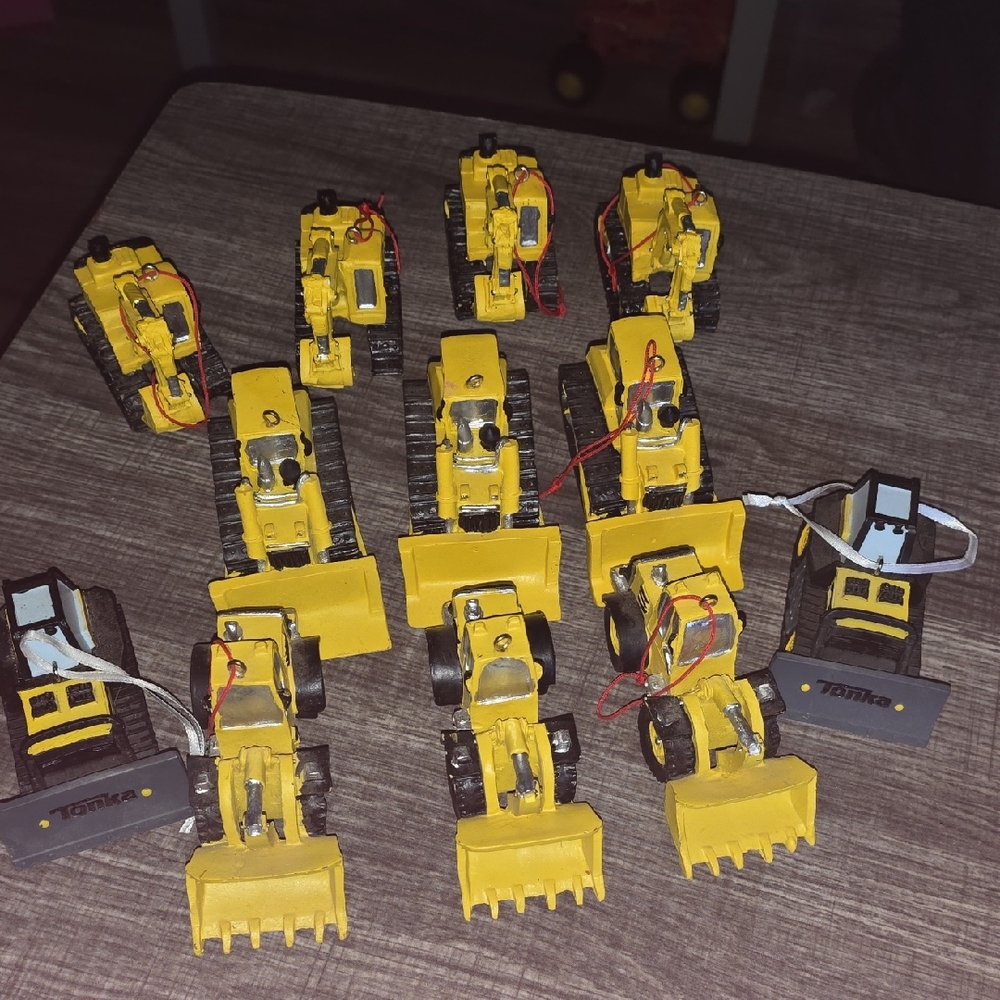 Tonka Yellow Mini Construction Vehicle Toy Lot And Hobby Lobby Xmas Ornaments.